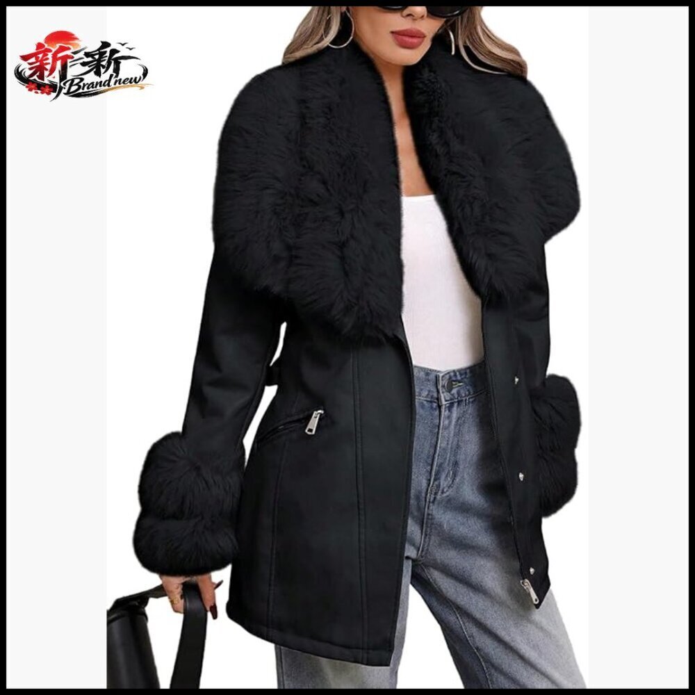 Faux Leather Jacket with Fur Collar and Adjustable Belt
